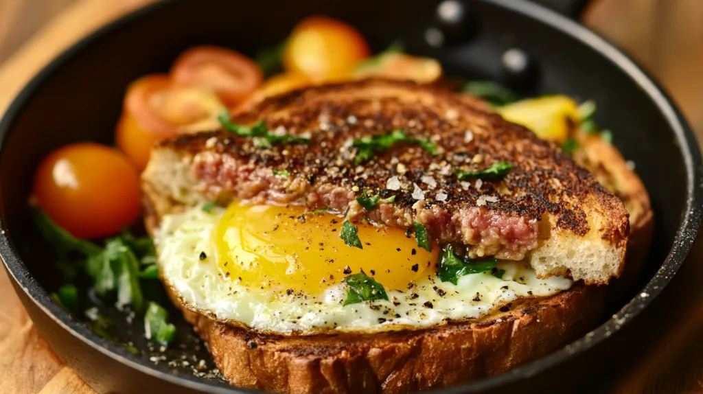 One-pan egg in toast with ground beef and cherry tomatoes in a cast iron skillet.