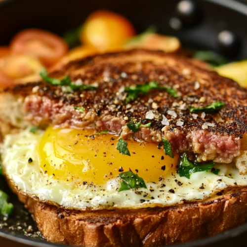 One-pan egg in toast with ground beef and cherry tomatoes in a cast iron skillet.