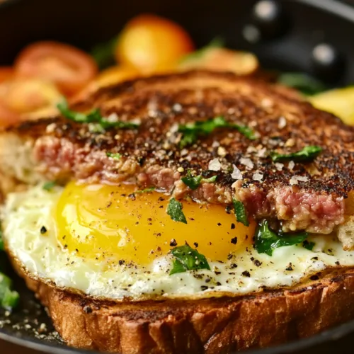 One-pan egg in toast with ground beef and cherry tomatoes in a cast iron skillet.