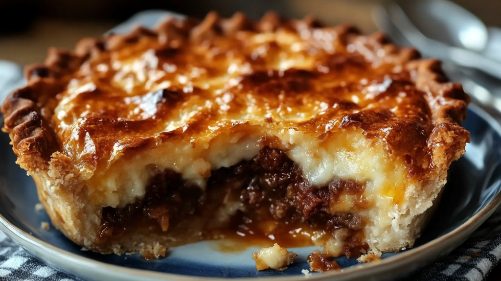 Close-up of a slice of Hillbilly Pie on a blue plate showing layers of golden brown crust, creamy cheese topping, and savory ground beef filling with rich gravy.