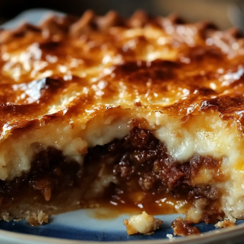 Close-up of a slice of Hillbilly Pie on a blue plate showing layers of golden brown crust, creamy cheese topping, and savory ground beef filling with rich gravy.