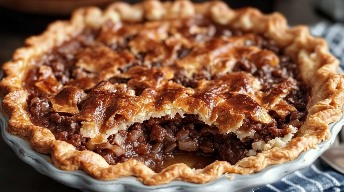 Freshly baked Hillbilly Pie with golden flaky crust in a white ceramic dish, showing a slice cut out revealing the savory ground beef filling inside.