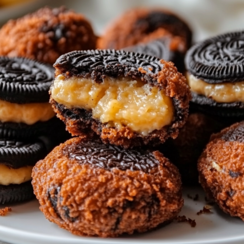 A plate of crispy banana deep-fried Oreos with a golden brown exterior, featuring a creamy banana filling inside the classic Oreo cookies.