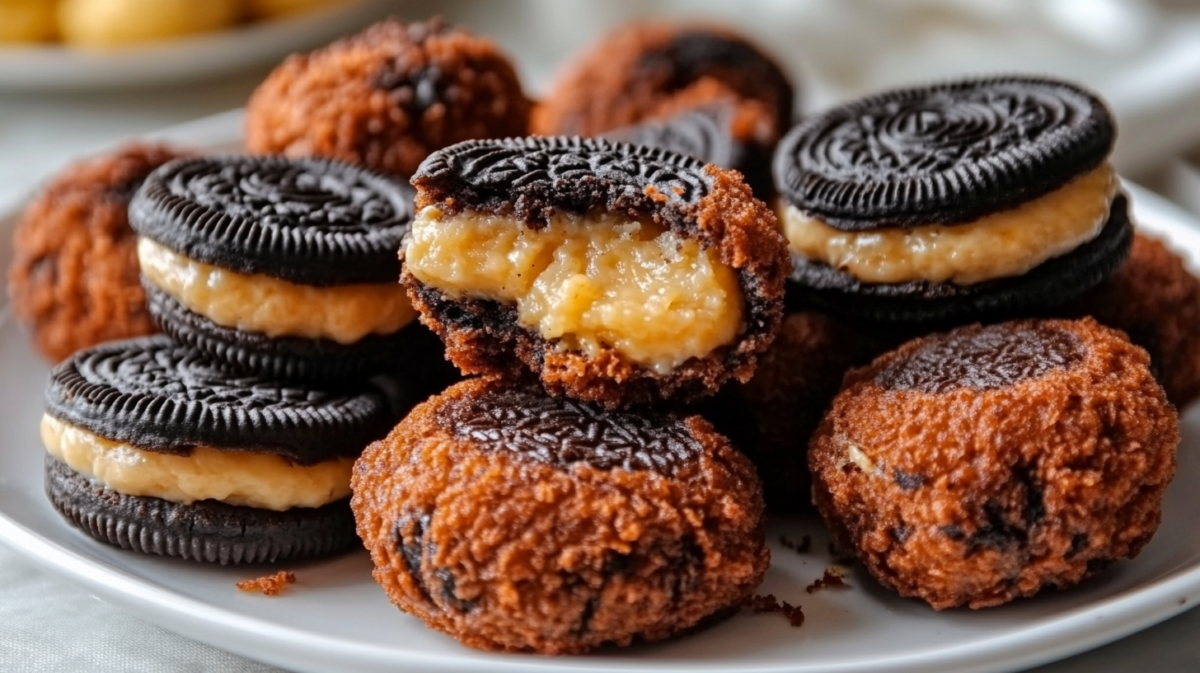 A plate of crispy banana deep-fried Oreos with a golden brown exterior, featuring a creamy banana filling inside the classic Oreo cookies.