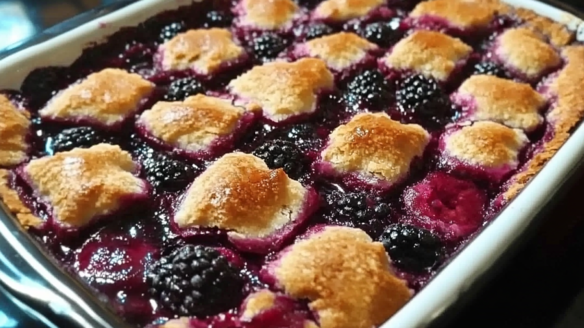 Fresh-baked Kentucky blackberry cobbler with golden biscuit topping and bubbling purple berry filling in a white ceramic baking dish