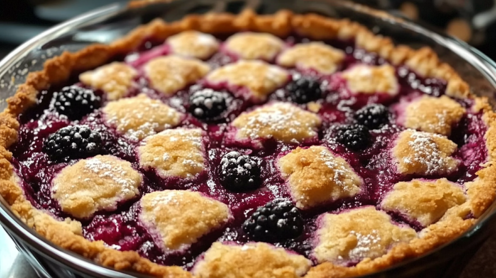 Kentucky blackberry cobbler pie with golden pastry and powdered sugar in a metal pie dish