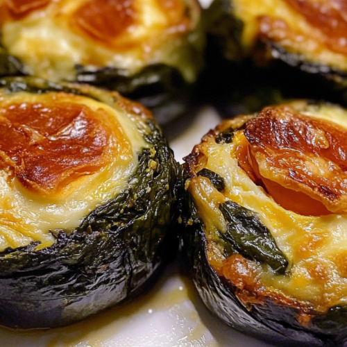 Four baked eggplant rounds topped with melted cheese and spinach on a white plate.