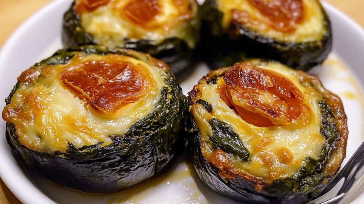 Four baked eggplant rounds topped with melted cheese and spinach on a white plate.