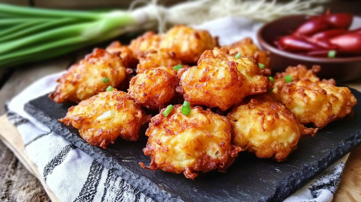 Golden crispy Amish onion fritters on a black slate board with green onions and dipping sauce