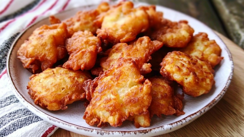 Freshly fried Amish onion fritters piled on a rustic ceramic plate with striped kitchen towel