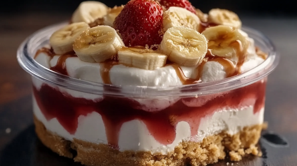 Individual serving of strawberry banana cheesecake pudding in a clear cup with visible layers of graham cracker crust, creamy filling, strawberry sauce, topped with fresh banana slices, strawberries, and caramel drizzle.