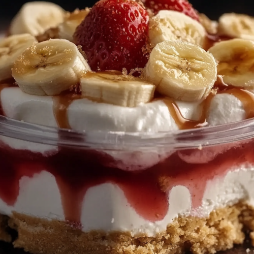 Individual serving of strawberry banana cheesecake pudding in a clear cup with visible layers of graham cracker crust, creamy filling, strawberry sauce, topped with fresh banana slices, strawberries, and caramel drizzle.