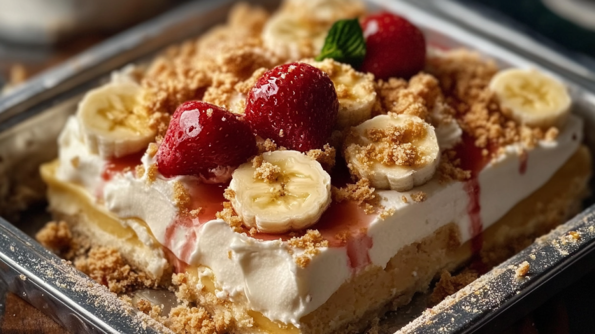Strawberry banana pudding cheesecake dessert served in a glass dish with layers of creamy filling, topped with fresh strawberries, sliced bananas, and graham cracker crumbs.