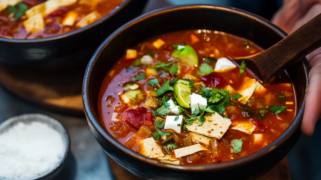 Black bowl of vegetarian tortilla soup with tortilla strips, white cheese, cilantro, and lime wedge being served with a wooden spoon