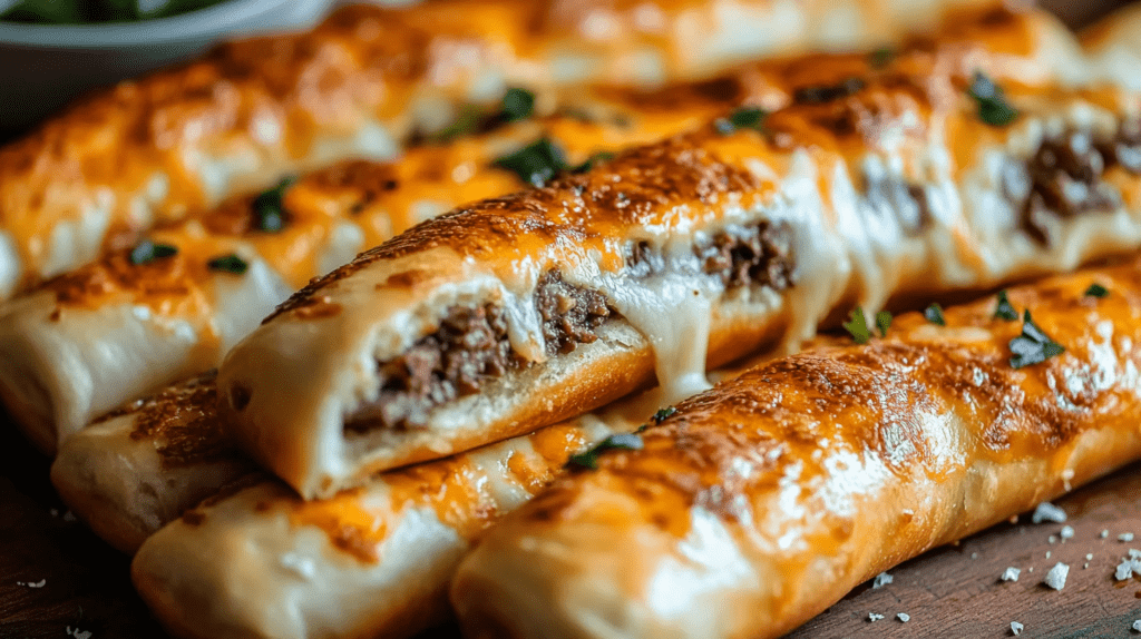 Close-up of golden-brown breadsticks stuffed with seasoned beef and melted cheese, sprinkled with fresh herbs on a wooden board