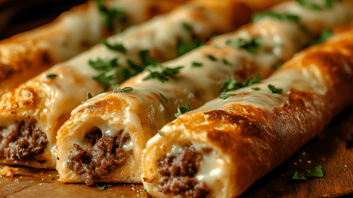 Golden baked breadsticks stuffed with seasoned ground beef and melted cheese, garnished with fresh herbs on a wooden serving board