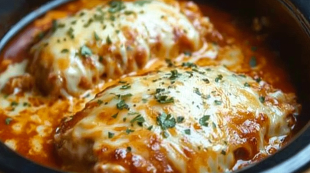Cheesy mozzarella chicken breasts in tomato sauce cooking in a slow cooker, topped with fresh herbs