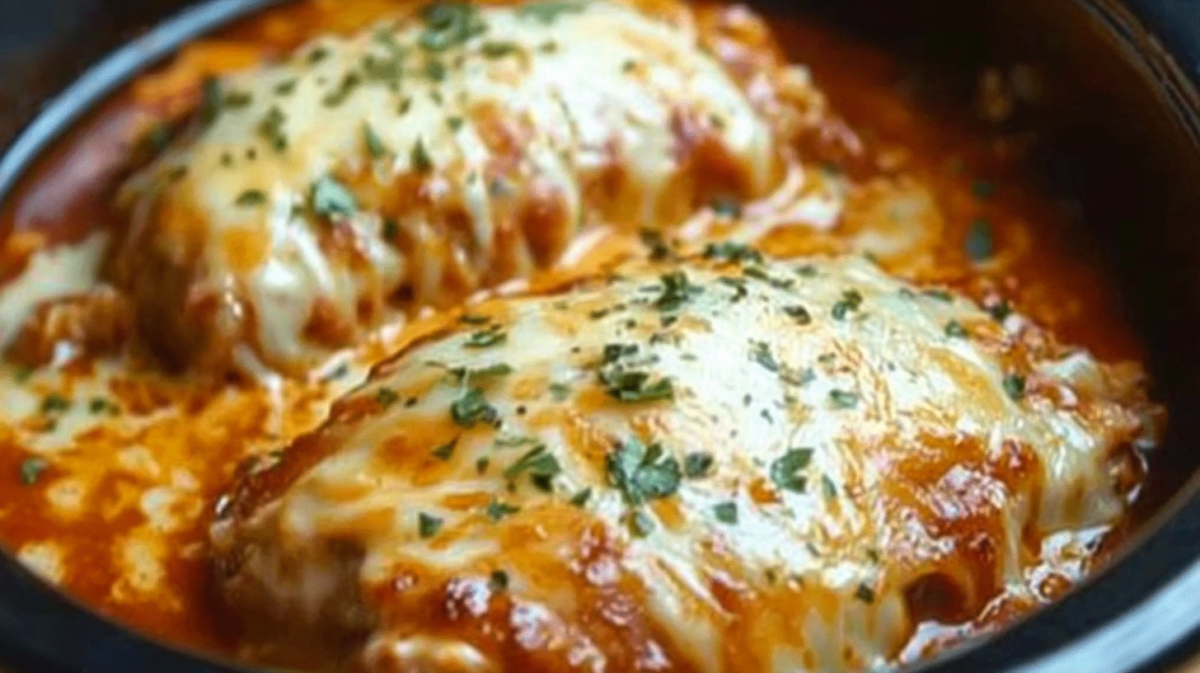 Cheesy mozzarella chicken breasts in tomato sauce cooking in a slow cooker, topped with fresh herbs