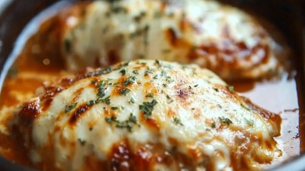 Close-up of cheese-topped chicken breasts in tomato sauce with herb garnish