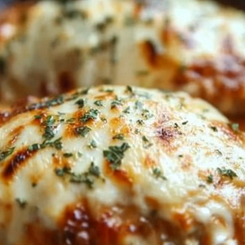 Close-up of cheese-topped chicken breasts in tomato sauce with herb garnish