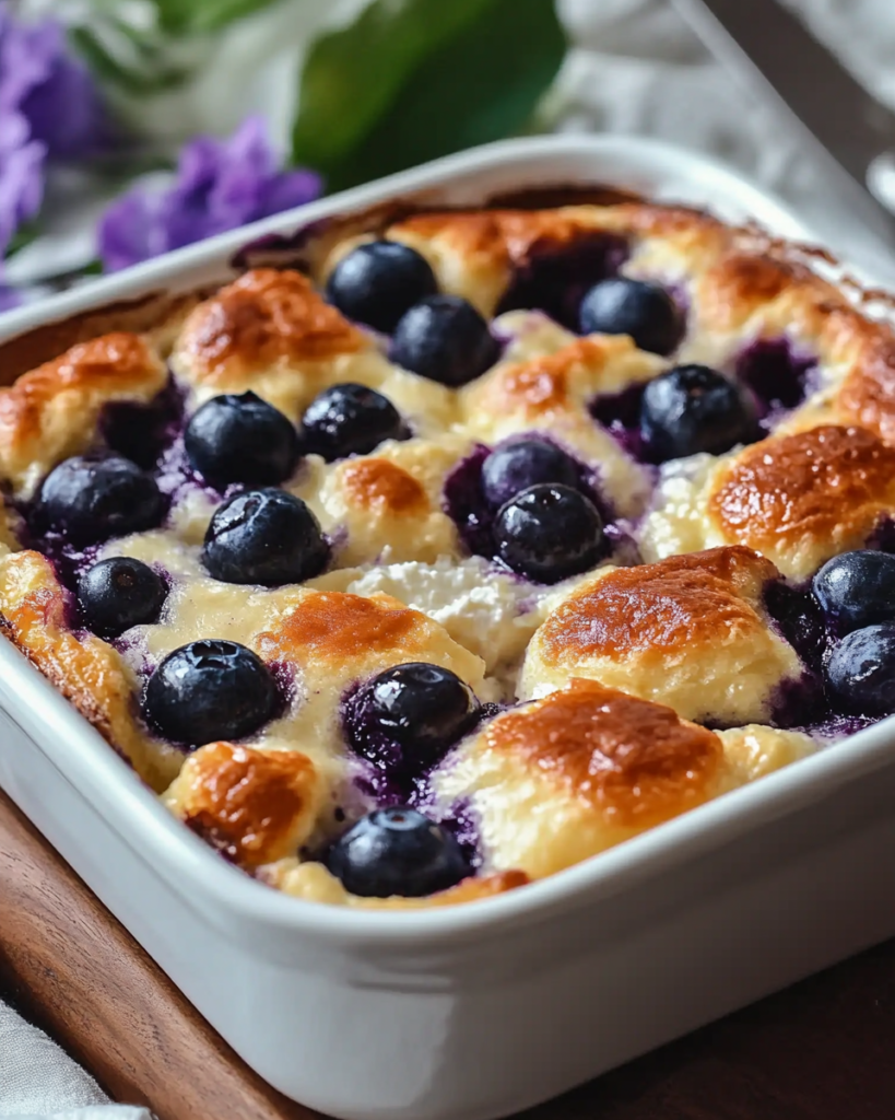 Baked blueberry cottage cheese breakfast casserole in a white ceramic dish, showing golden brown top with plump blueberries scattered throughout creamy base.