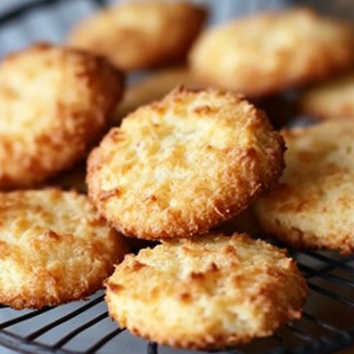 Golden, crispy milky coconut biscuits cooling on a wire rack, with a slightly toasted coconut topping.