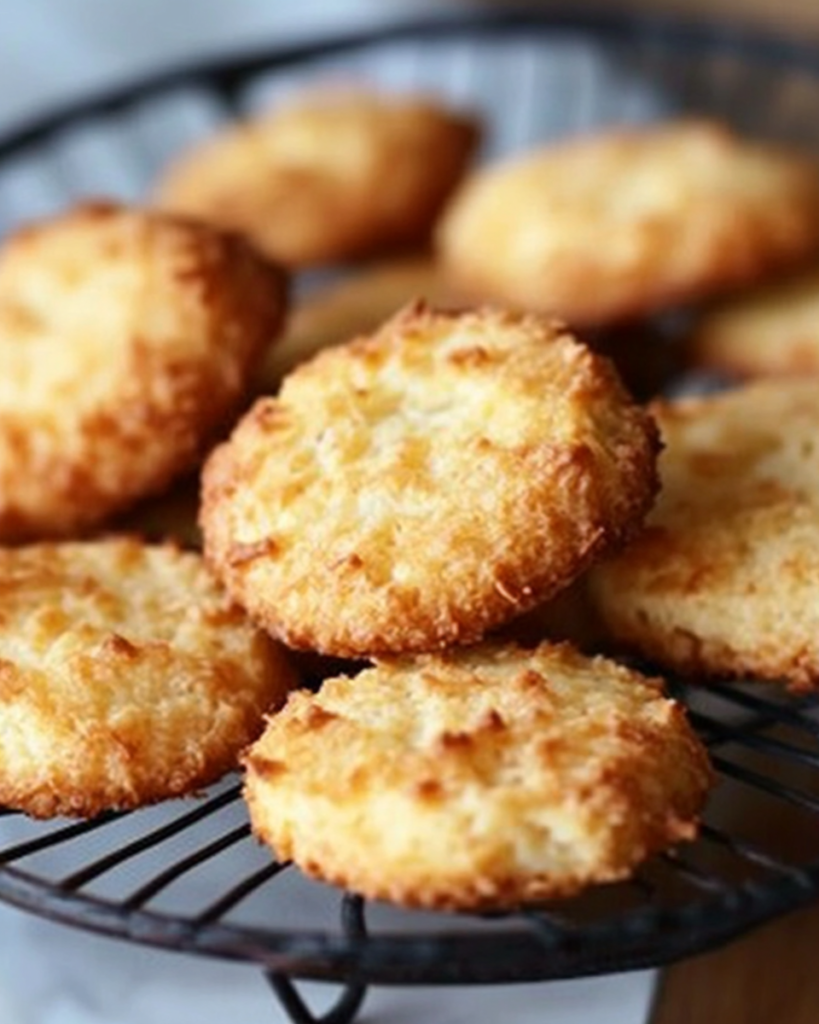 Golden, crispy milky coconut biscuits cooling on a wire rack, with a slightly toasted coconut topping.