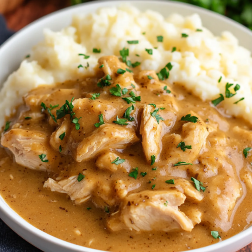 A comforting bowl of crockpot chicken and gravy served over creamy mashed potatoes, garnished with fresh parsley
