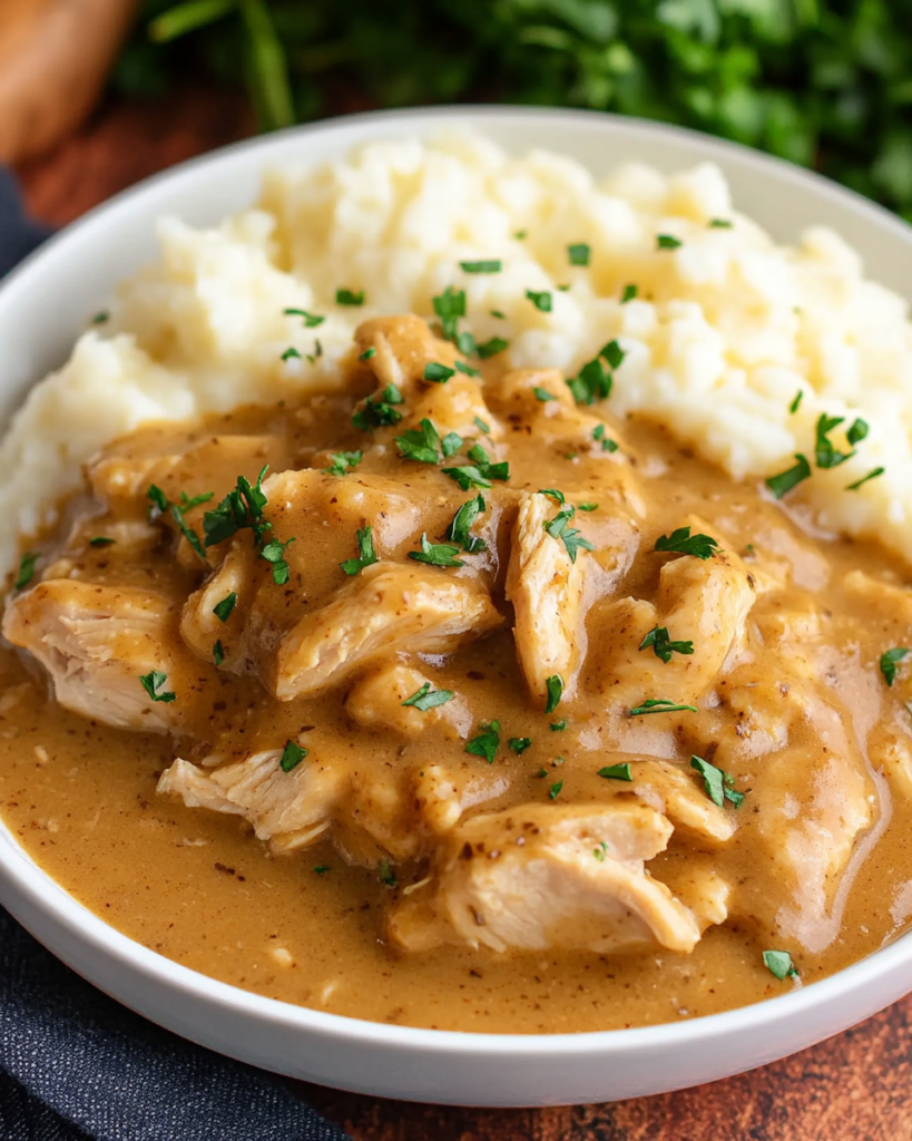 A comforting bowl of crockpot chicken and gravy served over creamy mashed potatoes, garnished with fresh parsley