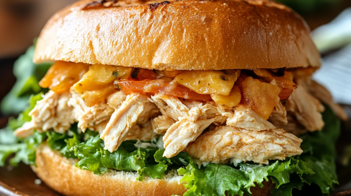 Crock pot ranch chicken sandwich with shredded chicken, sautéed vegetables, and fresh lettuce on a toasted bun