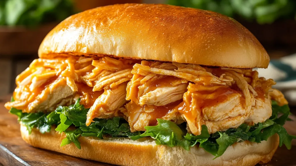 Buffalo ranch chicken sandwich with shredded chicken, buffalo sauce, and fresh greens on a brioche bun