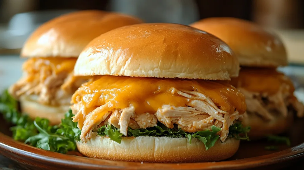 Cheesy crock pot ranch chicken sandwiches with shredded chicken and melted cheddar on soft buns