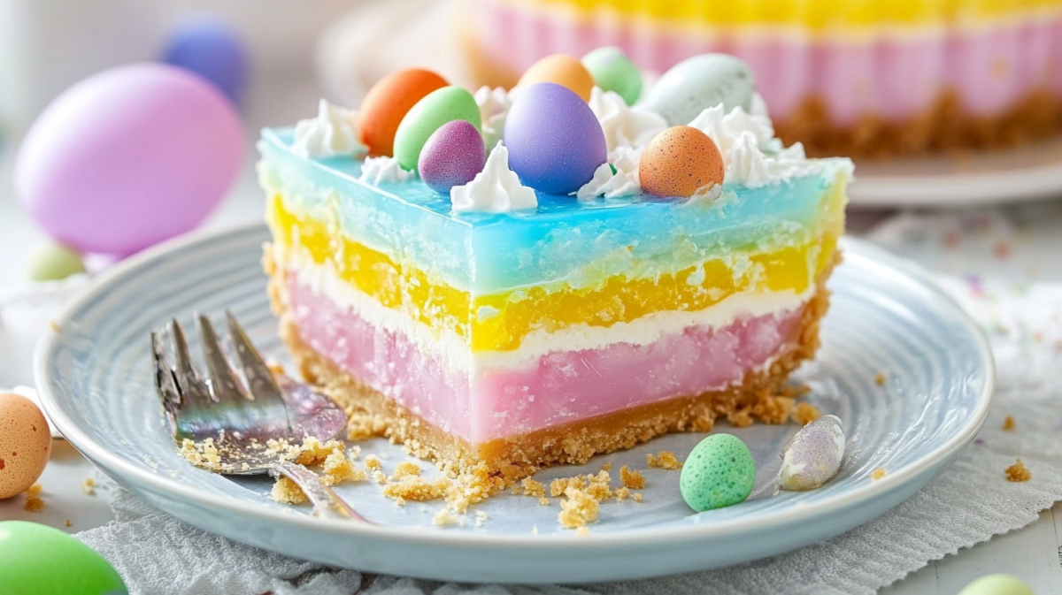 Colorful layered Easter Jell-O Pie with pink, yellow, and blue layers on graham cracker crust topped with mini candy eggs and whipped cream