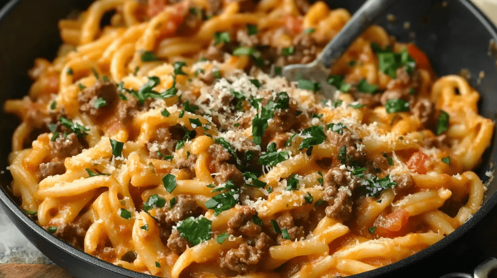 One-Pot Creamy Beef Pasta with tomatoes in a cast iron skillet topped with fresh parsley and parmesan cheese
