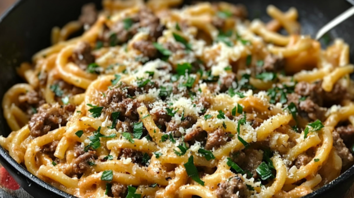 One-Pot Creamy Beef and Garlic Butter Pasta in a black skillet topped with fresh parsley and grated parmesan cheese