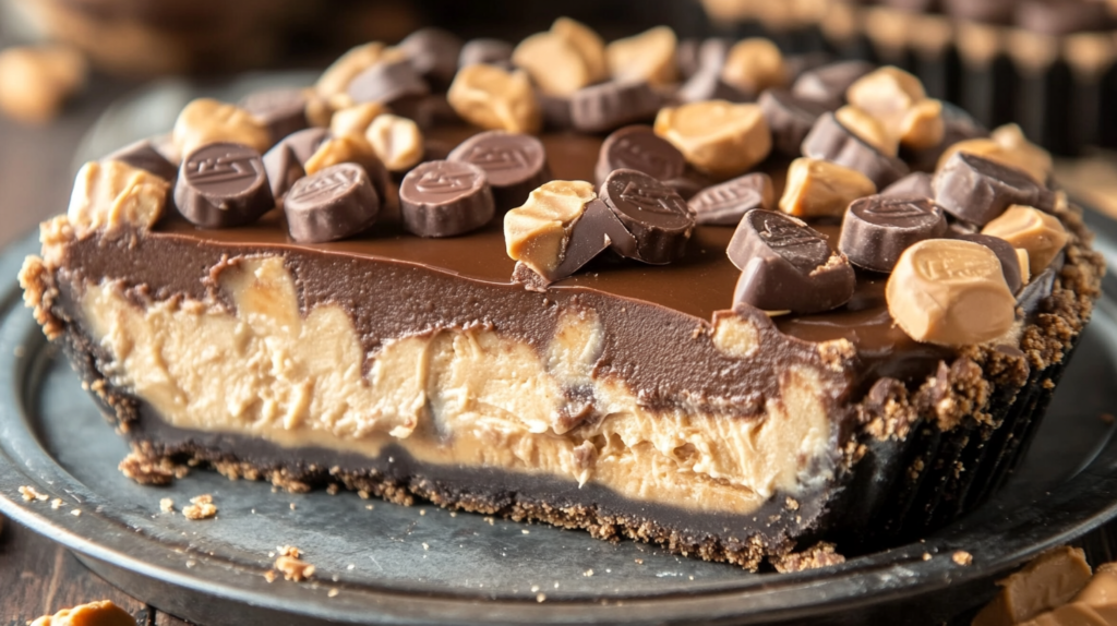 Sliced Giant Reese's Peanut Butter Pie with chocolate ganache topping and chopped peanut butter cups