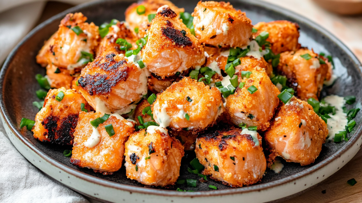 Crispy Bang Bang Salmon Bites served on a gray plate, garnished with chopped green onions and creamy sauce.
