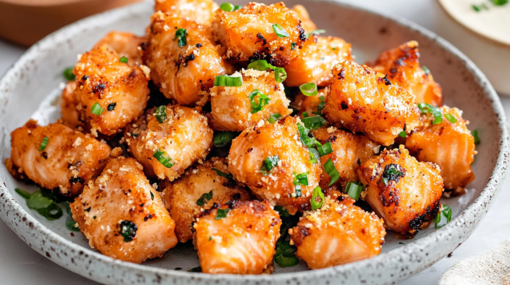 Crispy honey garlic salmon bites in a speckled ceramic bowl, garnished with chopped green onions.
