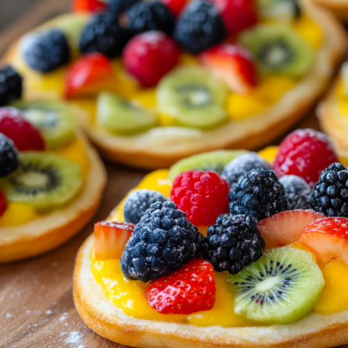 Close-up of round sugar cookies topped with yellow custard and fresh fruits including blackberries, raspberries, strawberries, and kiwi slices arranged on a wooden board.