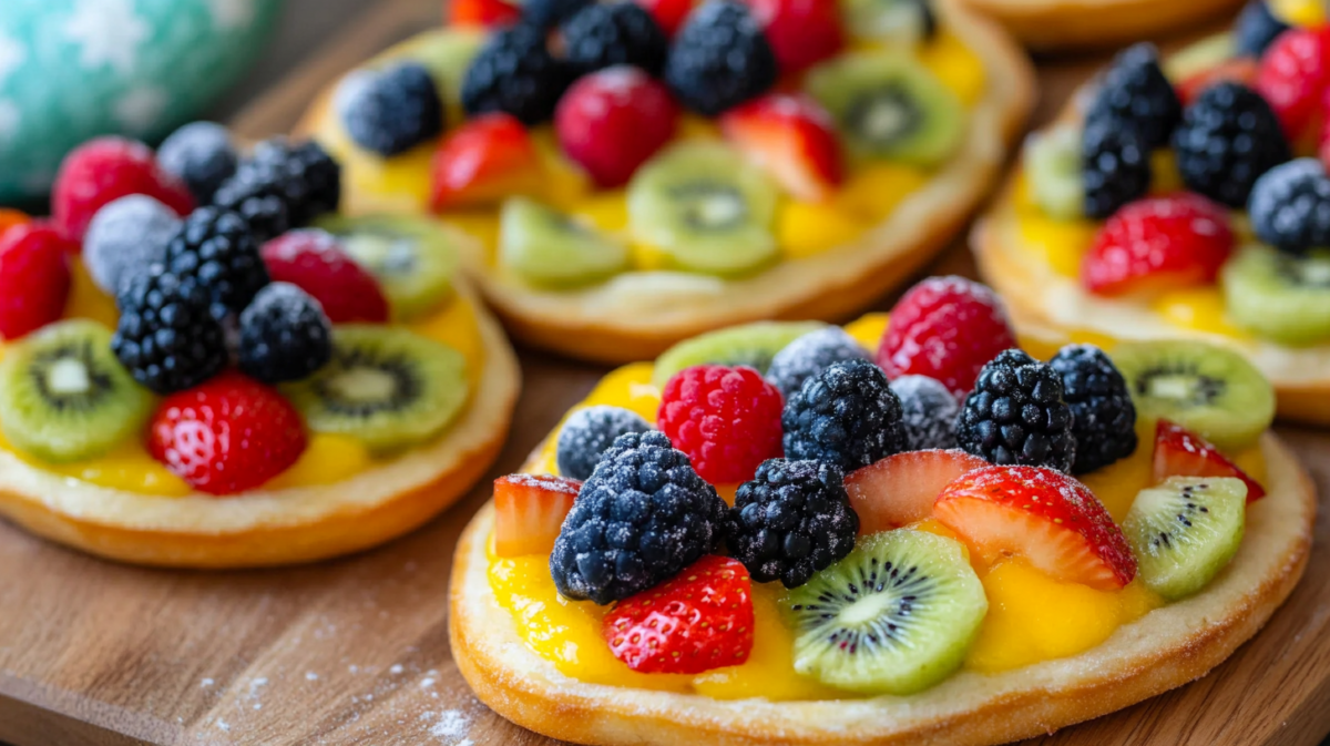 Close-up of round sugar cookies topped with yellow custard and fresh fruits including blackberries, raspberries, strawberries, and kiwi slices arranged on a wooden board.