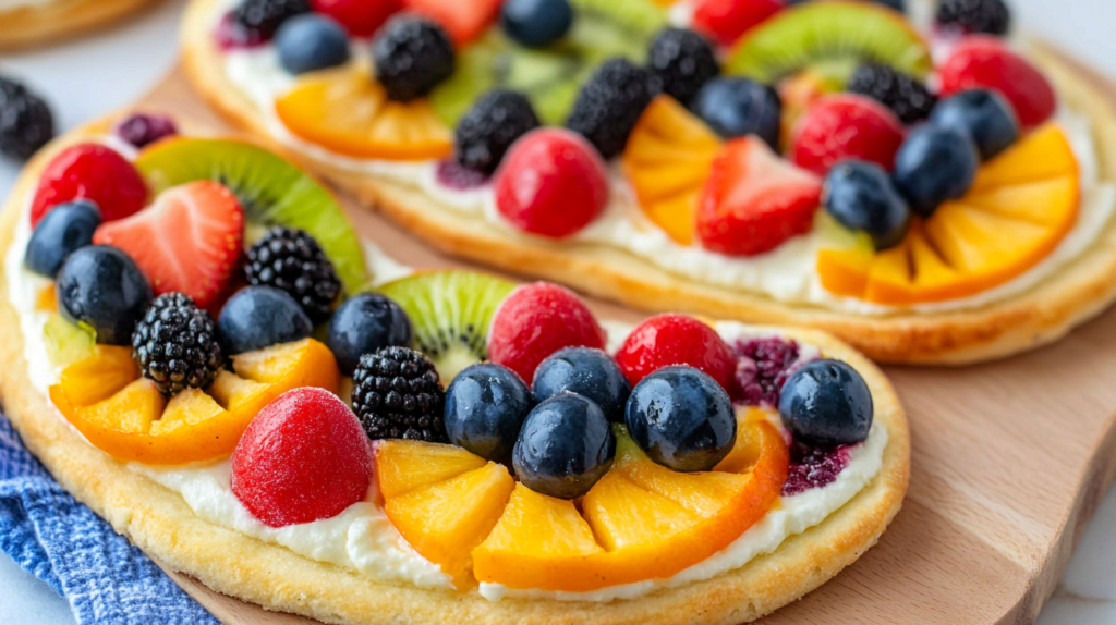 Three sugar cookie tarts topped with cream cheese frosting and colorful assorted fruits including blueberries, blackberries, raspberries, strawberries, kiwi, and orange slices on a wooden cutting board.