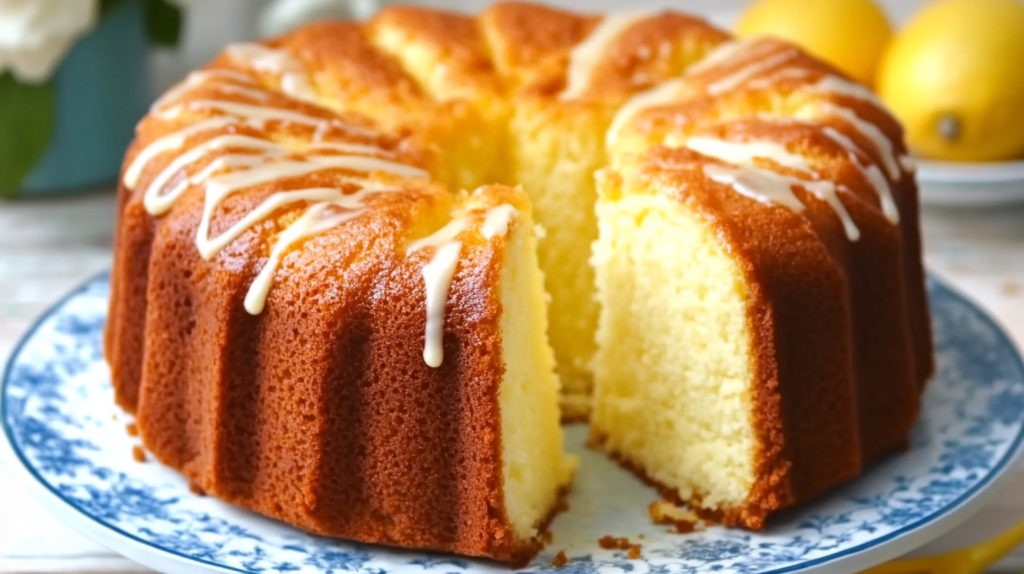 Sliced lemon cream cheese pound cake with lemon glaze on a blue and white plate