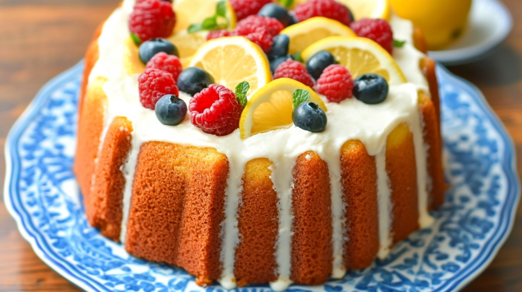 Lemon cream cheese pound cake topped with fresh berries and lemon slices on a blue and white decorative plate
