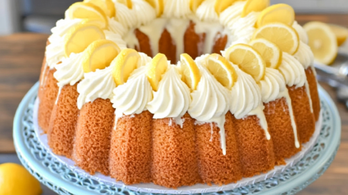 Golden lemon cream cheese pound cake with cream cheese frosting and fresh lemon slices