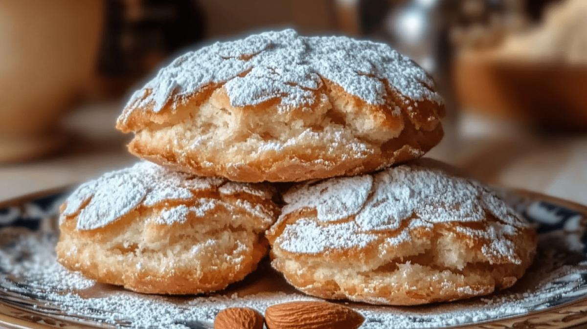 Soft ricotta almond pillows stacked on a decorative plate, dusted with powdered sugar and garnished with almonds