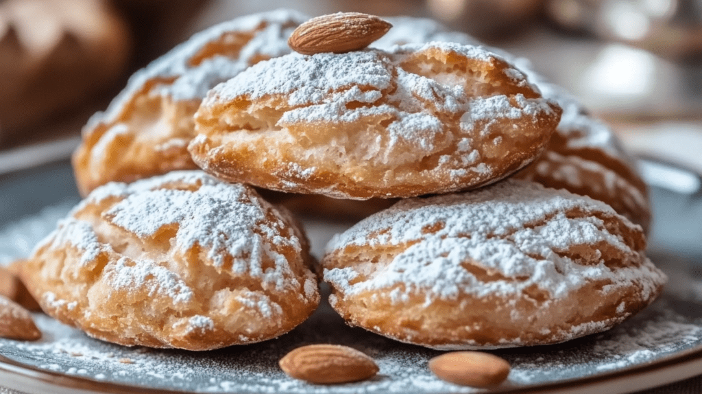 Close-up of ricotta almond pillows with golden-brown tops dusted with powdered sugar and decorated with whole almonds on a