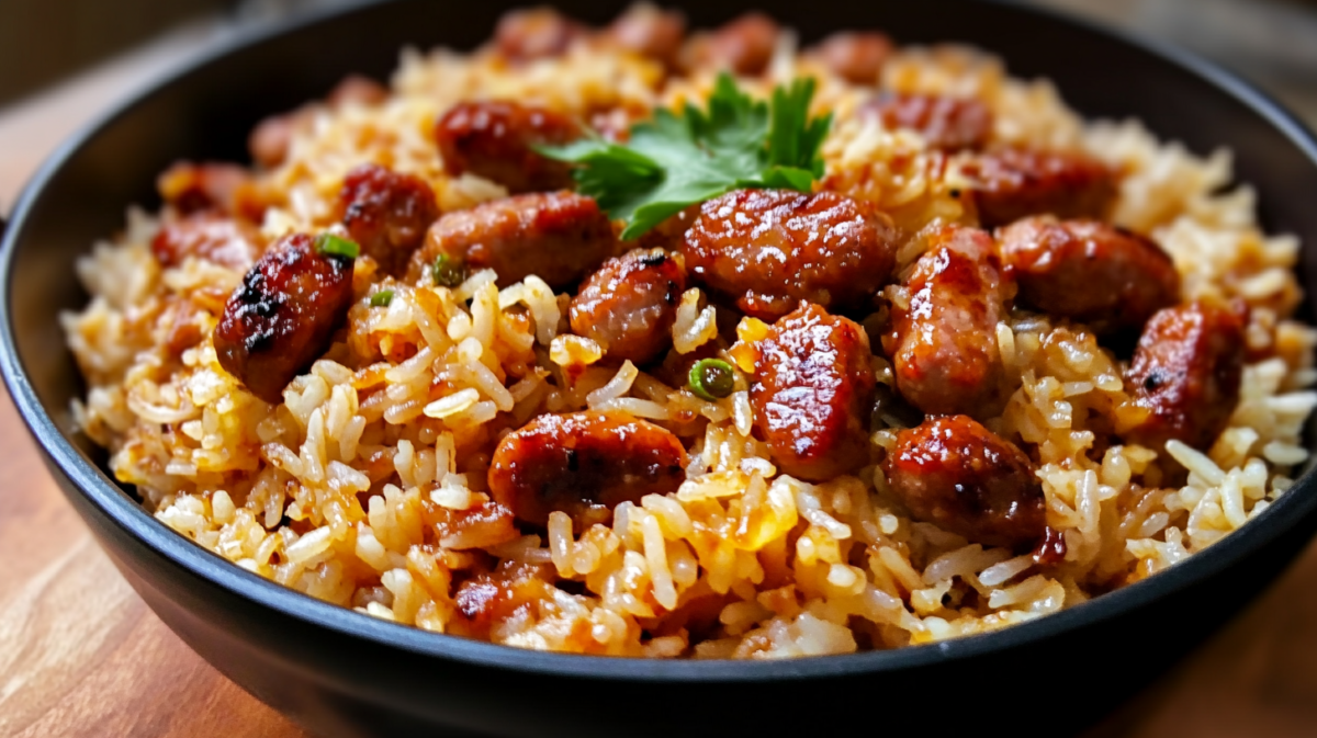Close-up of Sweet and Tangy BBQ Sausage Rice served in a black bowl, featuring glazed sausage pieces mixed with fluffy rice and garnished with fresh parsley.