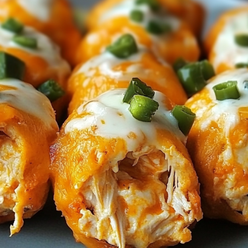 A plate of ooey-gooey buffalo chicken jalapeño bombs topped with melted cheese and diced jalapeños.