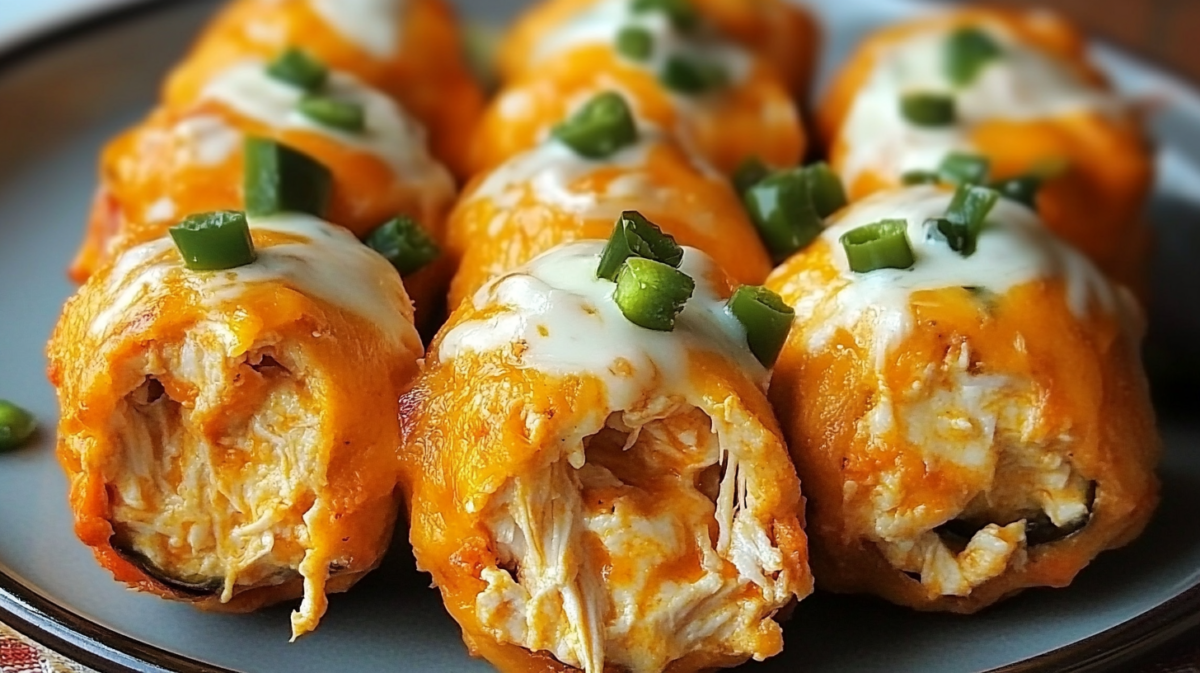 A plate of ooey-gooey buffalo chicken jalapeño bombs topped with melted cheese and diced jalapeños.