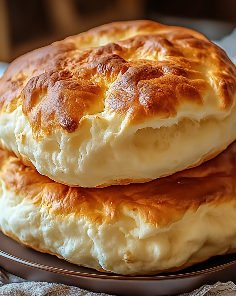 Two perfectly baked fluffy cottage cheese cloud breads stacked on a plate, featuring golden-brown tops and airy, pillowy texture.